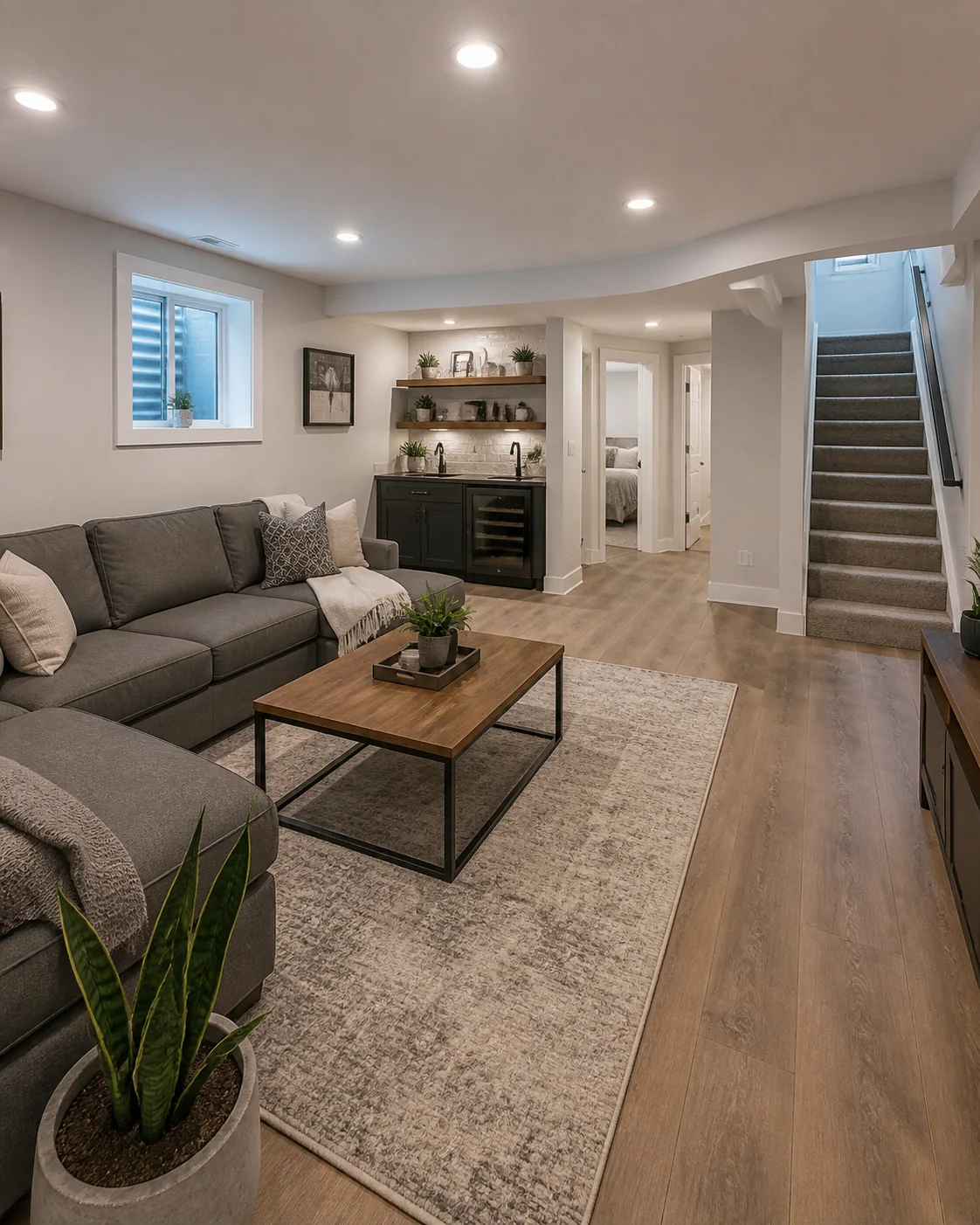 Finished lower-level living space with warm lighting